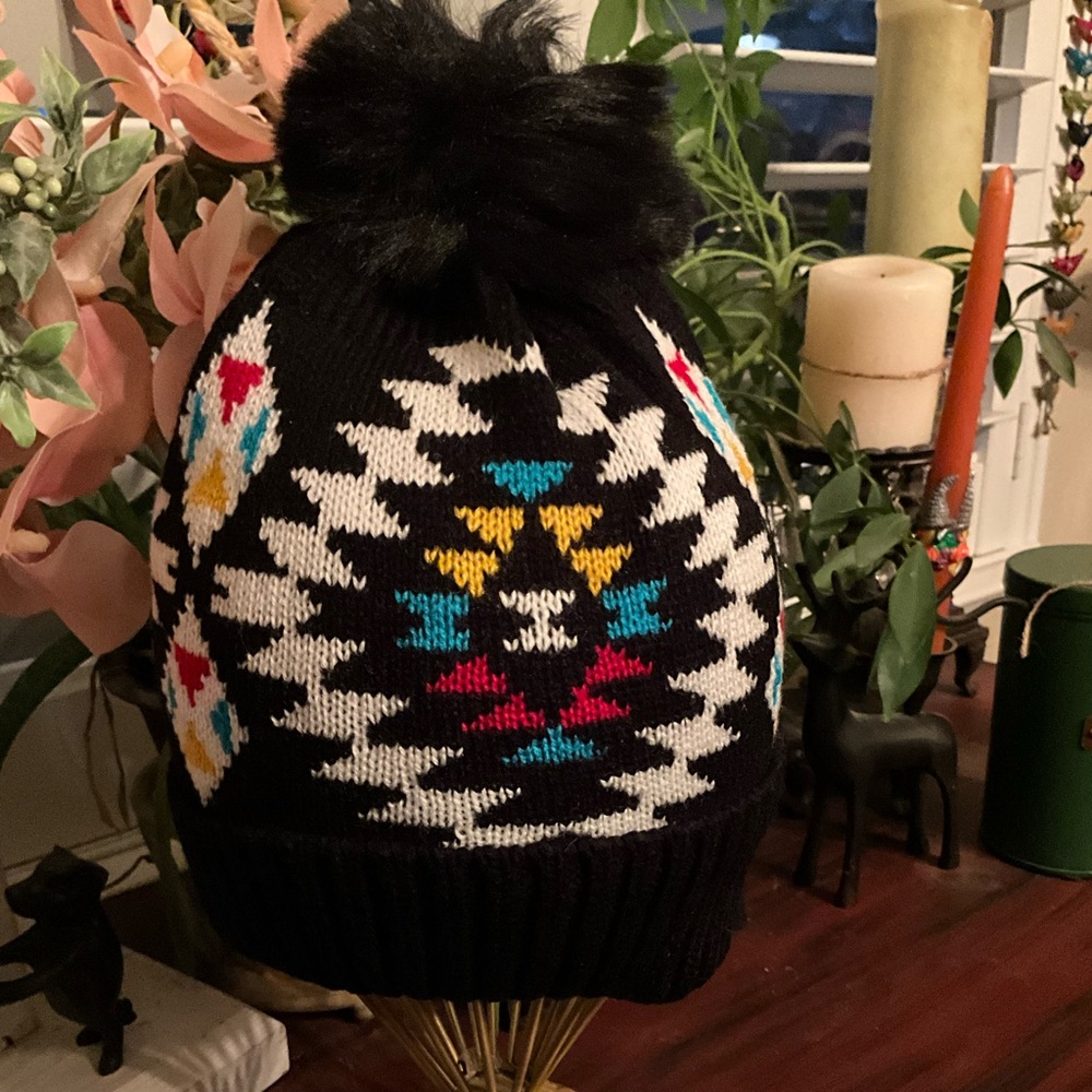 Black Knit Beanie with Colorful Geometric Pattern